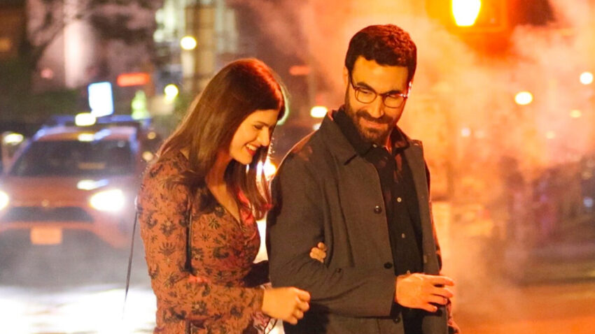 Brett Goldstein and Alexandra Daddario filming Escorted series