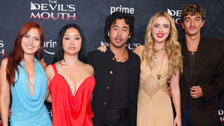 Tommi Rose, Lana Condor, Nico Hiraga, Kathryn Newton and Gavin Casalegno pose for group photo at The Devil