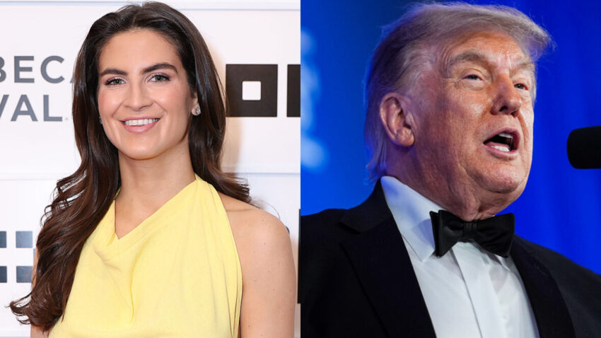 Kaitlan Collins smiles in a yellow dress beside a separate photo of Donald Trump speaking at a microphone in a black tuxedo.