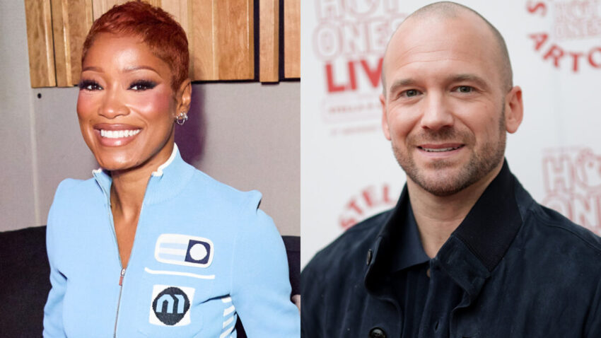 Composite photo of Keke Palmer and Sean Evans in two photos medium close-up.