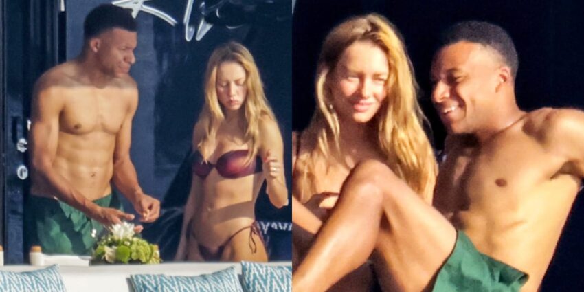 Kylian Mbappé, shirtless in green swim trunks, and Ester Expósito, in a bikini, hanging out on a yacht together